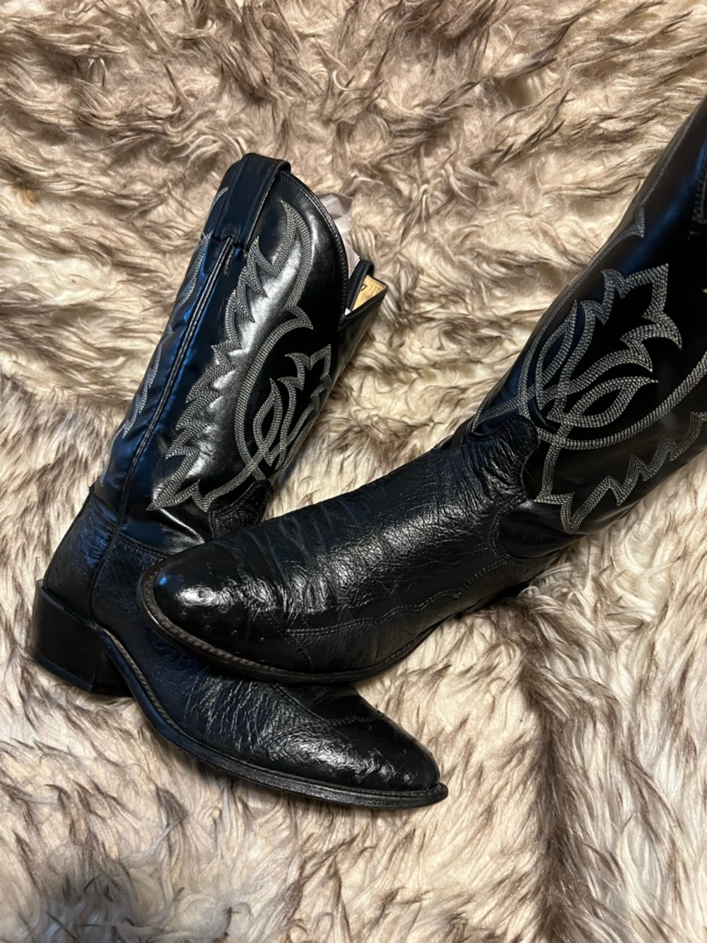 Tony Lama Men Black Ostrich & Leather Western Boots with Silver Stitching Sz 9 D